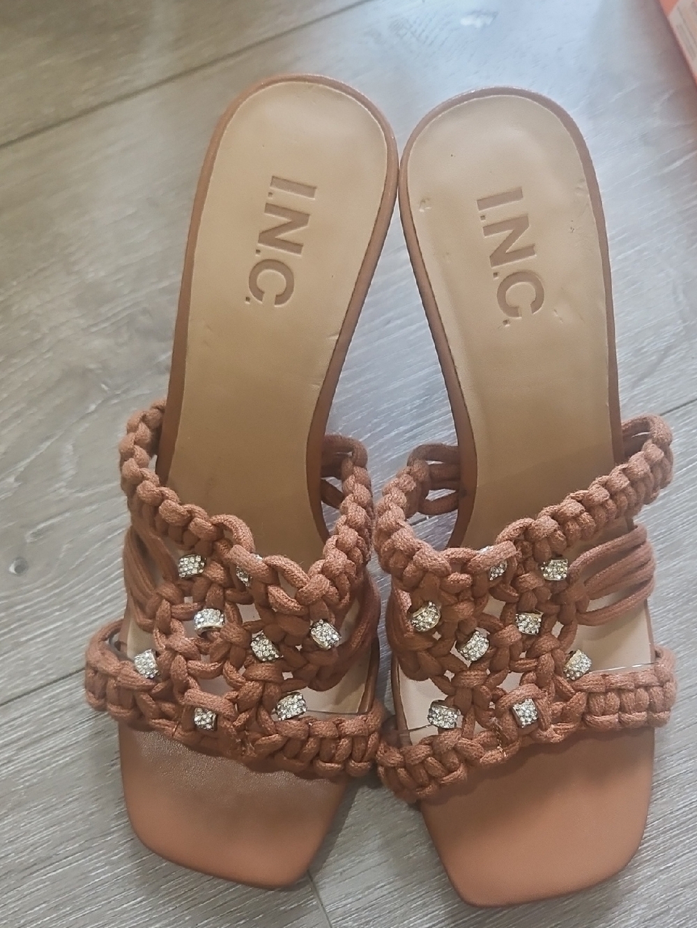 INC International Concepts Braided Rhinestone Slide Sandals in Brown